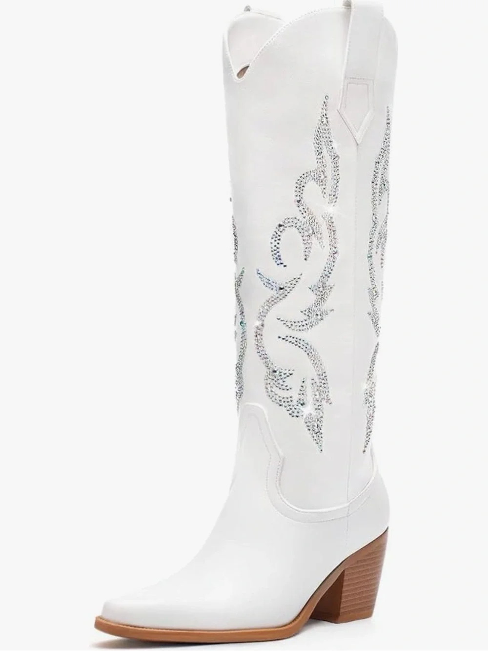 White Rhinestone Embellished Knee-High Western Boots